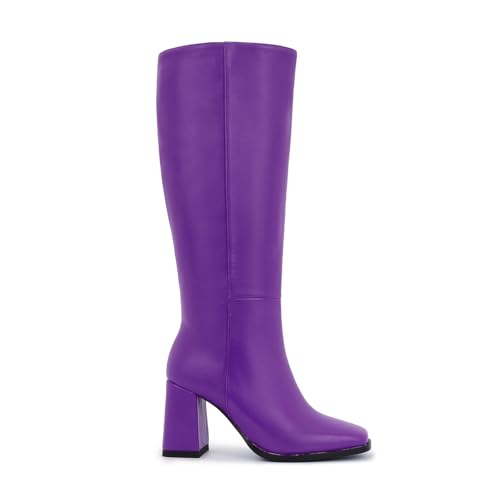 Image of Knee High Boots for Women - Wide Calf Boots with Zipper, Square Toe Tall Leather Boots, Chunky Heel Fashion Long Boots