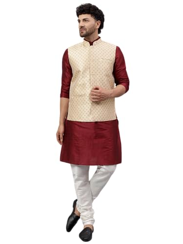 LATEST CHIKAN Men's Silk Blend Kurta Pyjama Set with Jacquard Neh...