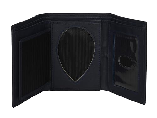 Leatherboss Genuine Leather Police Shield Shape Badge Holder Trifold Wallet, Black