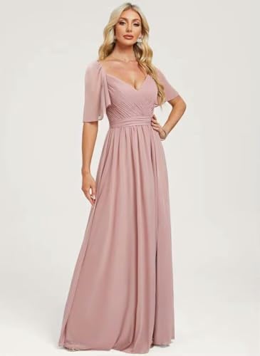 Elegant Chiffon Bridesmaid Dresses 2025 Ruffle Sleeves A-Line Formal Evening Dresses with Slit TM1533