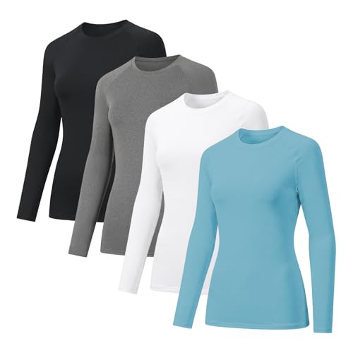 VanKee 4 Pack Deportiva Mujer de Manga Larga Camiseta Transpirable Secado Rápido Camisetas de Compresión Ligero Elasticidad Top Deportiva Correr Base Layer Cuello Redondo Funcionales para Yoga Fitness