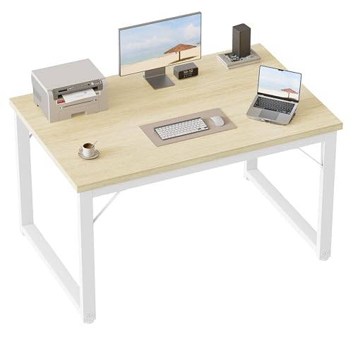 Image of Mericonia 40 Inch Computer Desk, 1 inch Thick Small Office Table, Oak | Modern Simple Style, Heavy Duty Industrial Frame, Small Study & Writing Table for Home Bedroom Work