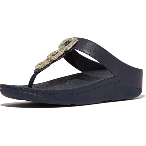 Image of FitFlop Women's Fino Classic Crystal-Chain Leather Toe-Post Sandals | Leather, Cushioning, Rhinestones, Casual, Slip-On
