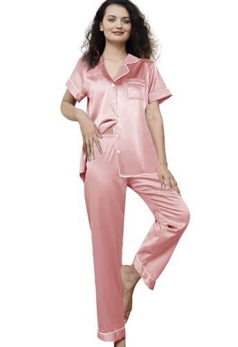 Image of WJing Yi Jia Womens Pajamas Set XS-4XL Floral Silk Satin Pajama Sets Silky Pj Sets 2Pcs Loungewear Sleepwear Button Down Pjs