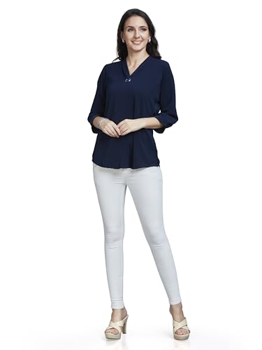 Image of nioni Women's Purple Poly Linen Blend Tunic Top with 3 /4 Sleeves, Printed Yoke, Kantha Stitch Detailing & Mandarin Collar