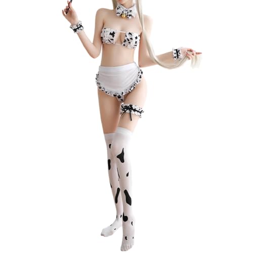PARUPRUP Damen Sexy Kuh Cosplay Dessous Maid Anime Outfit Milch Print Bikini Kostüm Leopard BH String (Stil 2 – Schürze, Einheitsgröße)