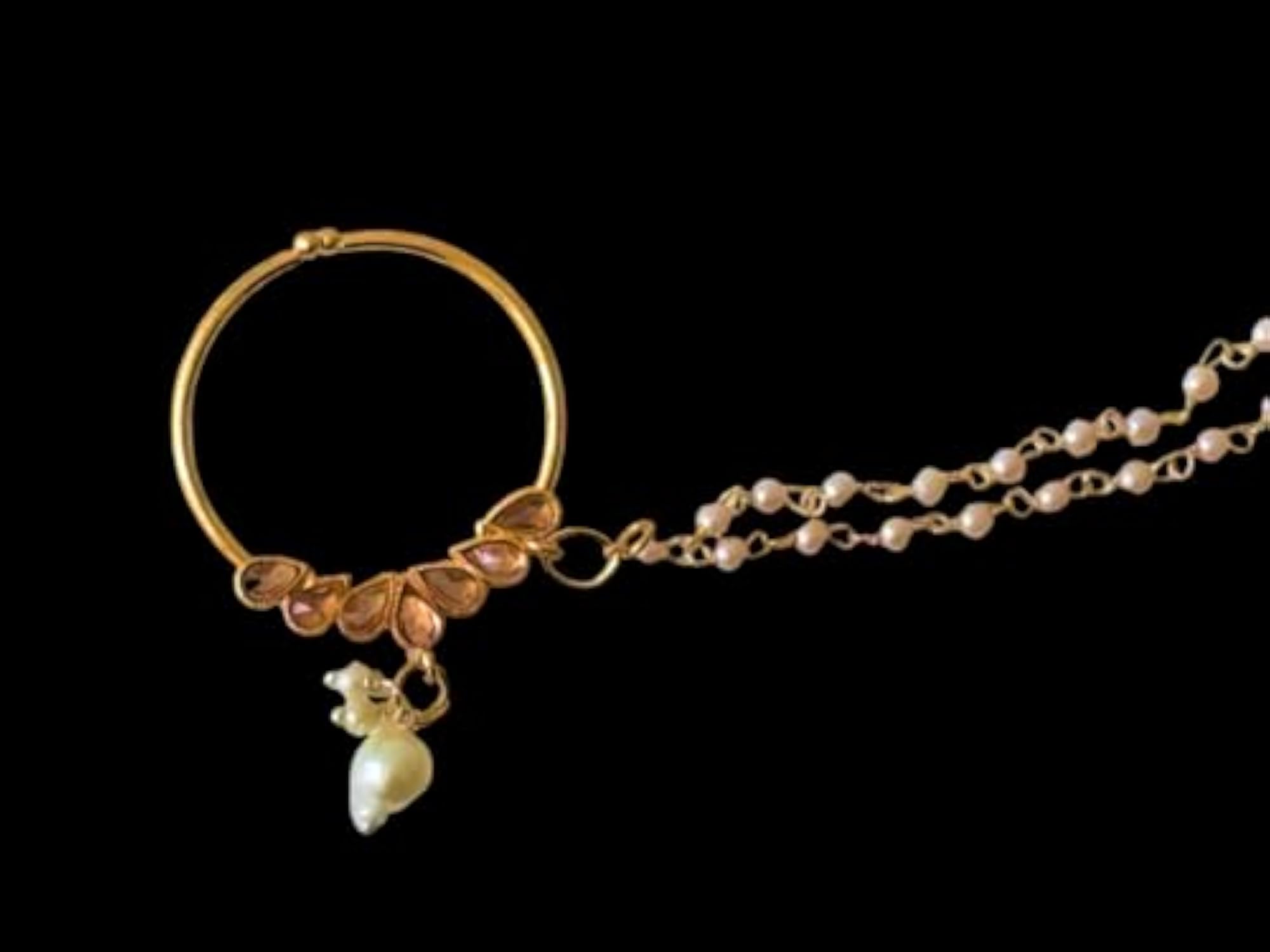 Traditional Nose Ring with Pearl Drop Design, Pearl Chain Attachment