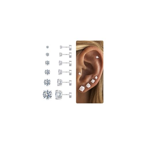 Yoosteel 6 Pairs 925 Sterling Silver Post Hypoallergenic Earrings for Women,Silver-Plated Cubic Zircon Flat Back Earring Diamond Studs Earring Jewelry Set for Multiple Piercings(2/3/4/5/6/8MM)