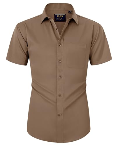 Image of siliteelon Mens Shirts Short Sleeve Stretch Dress Regular Fit Casual Business Summer Shirt with Pocket Brown L