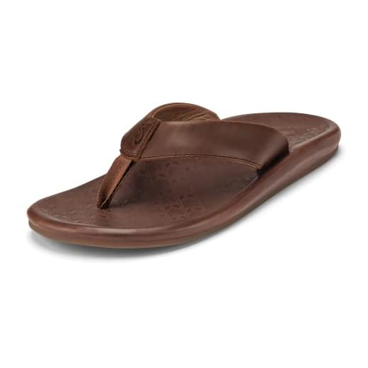 OLUKAI 'Ilikai Sandálias masculinas de couro, chinelos de couro de flor integral, palmilha anatômica e amortecimento, ajuste confortável e borracha molhada, Caramelo e caramelo, 40