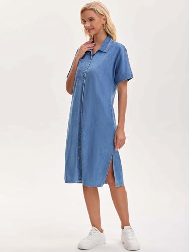Image of Women's Midi Denim Dress Summer Short Sleeve Button Down Casual Loose Long Tunic Jean Shirt Dress
