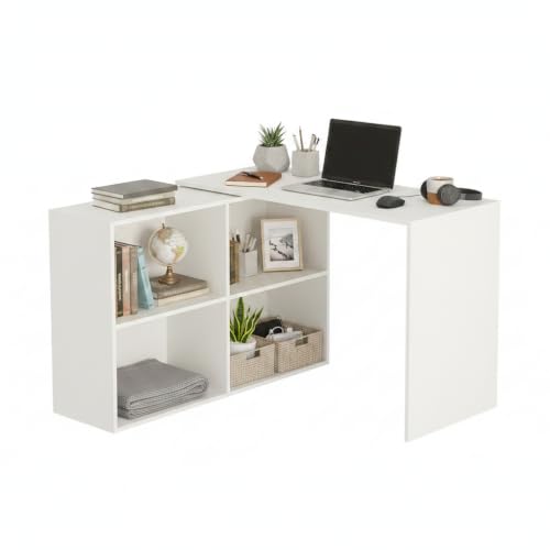 Image of FURNEASER Maggen Engineered Wood Rotatable Study Table, L-Shaped Corner Computer Desk, Laptop Workstation for Home Office, WFH Desk, Gaming Space Saving Rotating Table with Bookcase (White)