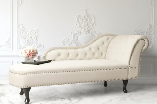 Image of Velvet Modern Chesterfield Chaise Lounge Couch 166 X 63 X 76 for Your Loving Space (Beige-L, Right Arm)