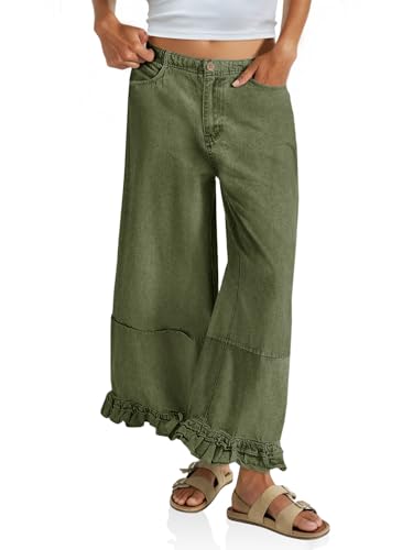 Cicy Bell Womens Ruffle Wide Leg Jeans Cropped Elastic Baggy Denim Pants