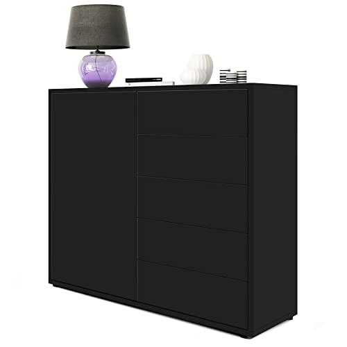 Vladon Buffet Ben V2, Commode avec 1 Portes et 5 tiroirs, Noir Mat/Noir Mat (79 x 74 x 36 cm)