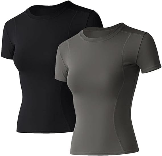 Recopilación de Ropa de Ping pong - solo los mejores. 49 TXC-JY 2 Pack Camisetas Fitness Mujer Compresión Deportiva Camisetas Yoga Gimnasio Tops Básicos (MX/US, Alfa, Mediano, Regular, Regular, Negro + Gris)