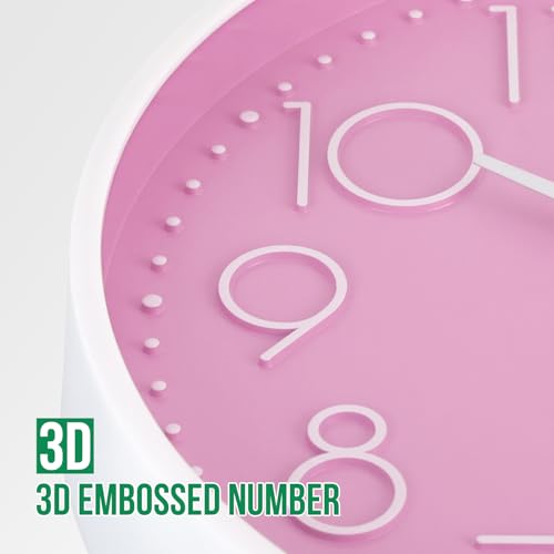 Image of Wall Clock Non-Ticking Silent Modern Simple Style Round Decor Clock Stereoscopic Dial Quartz Wall Clocks for Home /Office /School /Living Room /Bedroom /Kitchen (Pink, 8inch)