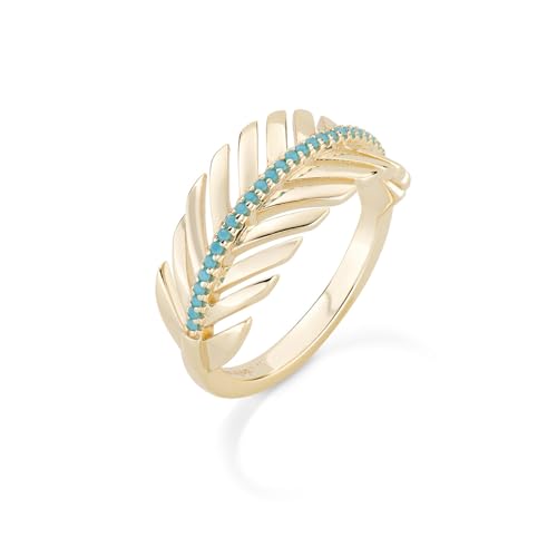 AMEN Gioielli, Anello Piuma, Anello Argento 925 Donna, Dorato con Zirconi Turchesi, Collezione Maya, Misura 12, Regalo Donna