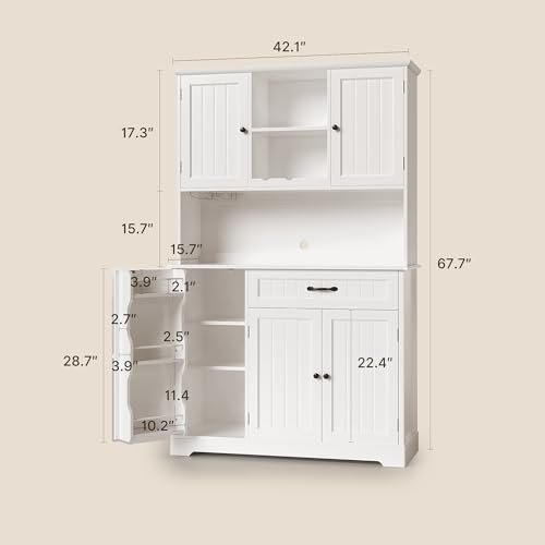 Image of Gizoon Tall Kitchen Storage Cabinet with Door and Shelves, 67 inch Kitchen Pantry Cabinet Large Coffee Bar Hutch with Storage for Dining Room, Painted White