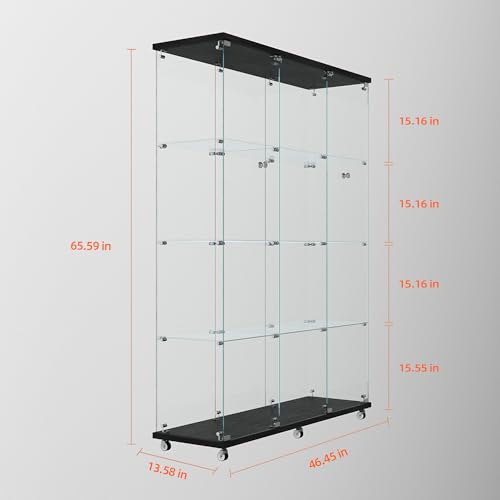 Maotifeys Modern Glass Display Cabinet 12-Shelf with LED Light,Lock and Wheels, 2 Door Curio Cabinets,Tempered Glass Collection Display Showcase for Living Room Home Office,46.8x13.5x65 H,Black