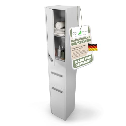CDF Badezimmerschrank – Badschrank Schmal 30x30x170cm – Badezimmerschrank Schmal mit Langen Türen – Bad Hochschrank Modern – Badezimmer Schrank Hoch – Badezimmerschränke Weiß