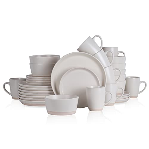 Image of Stone Lain Jules Modern Stoneware 32-Piece Round Dinnerware Set, Plates and Bowls Sets, Dish Set for 8, White