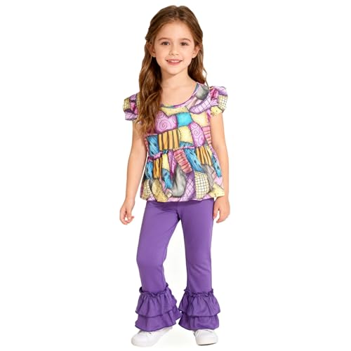 Image of Thanksgiving Toddler Girls Turkey Outfits Set Ruffle T-Shirt Dress and Pants Outfit Set 3-8Years