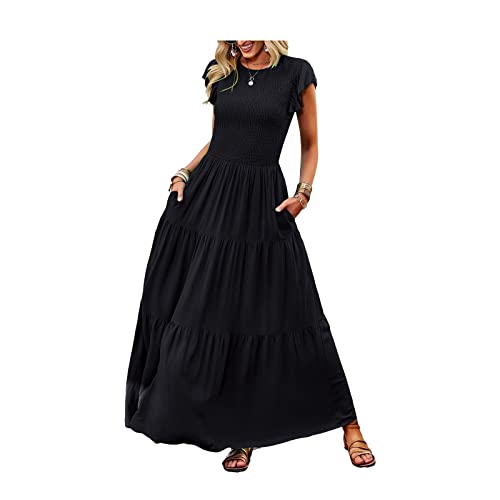 AYBIOSD Mujer Verano Cuello Redondo Smocked Tiered Boho Vestidos Casual Manga Corta Vestido Largo con Bolsillos,Negro,S