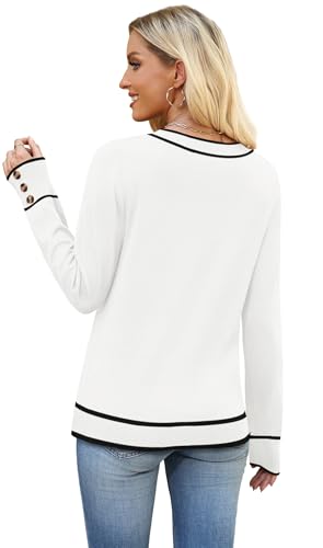 Image of WIHOLL Lightweight Sweaters for Women Long Sleeve V Neck Knit Outfits with Decorative Buttons