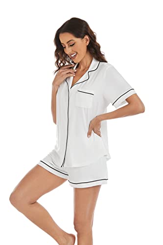 Image of LUBOT Women's Pajamas Set Two-piece PJs Set for Women 2PC Short Sleeve Button-Down Summer Sleepwear Loungewear (White, S)