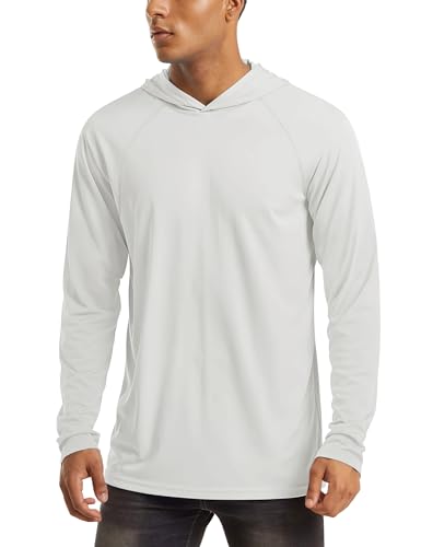 Hooded Shirts for Men Sun Protection Long Sleeve UPF 50+ Quick Dry Performance Shirts Lightweight Active Shirts Hiking Athletic T-Shirt White