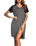 ADOME Nachthemd Damen Kurzarm Schlafshirt Nachtkleid Stillnachthemd Schwangerschaft umstandsnachthemd Nachtwäsche Kurz Umstandsmode mit Durchgehender Knopfleiste geburtshemd für Schwangere Grau M