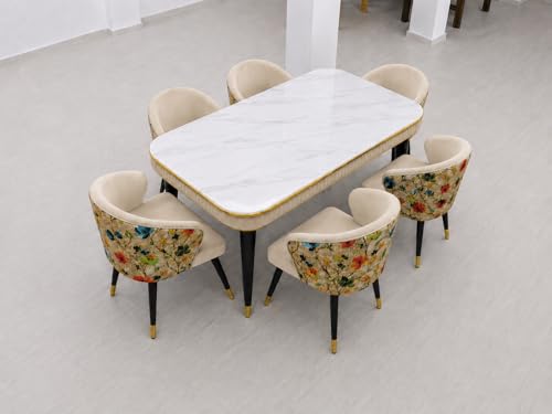 Image of WOODEN SPACE 6-Seater Wooden Dining Table Set | Nano Composite Marble Top | Solid Wood Base | Modern Dining Room Furniture with 6 Chairs (Beige Printed)