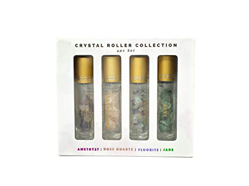 Gypsy Soul, Crystal Roller Collection, Essential Oil Glass Bottle - Assorted Set of 4 (Amethyst, Rose Quartz, Fluorite, Jade)