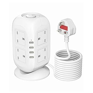 【5M】VANPOO Tower Extension Lead with USB 5M, Vertical Desktop Power Strip Tower with 8 Outlets and 4 USB Ports, Switched Charge Station and surge protected extension lead with 5M Cable for Home Office