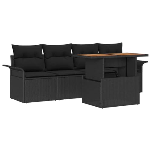 vidaXL Conjunto de sofás de jardín 5 pcs Negro ratán sintético, Jardín y Terraza, Sofá de Rattan Moderno y Cómodo, Mesa de Acacia, Diseño Resistente a UV