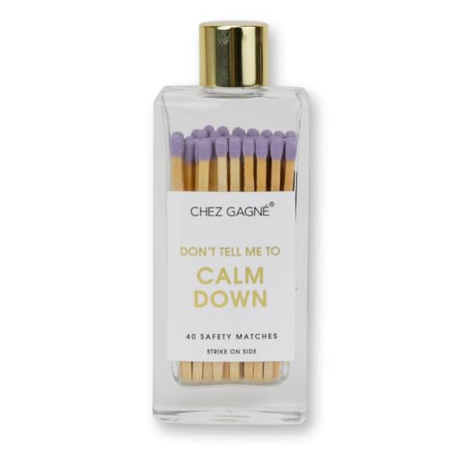 Chez Gagné Glass Bottle Safety Matches (40ct) - Funny Matches - Colorful Match Tips - Matches in Glass Bottle, Gold Lid - Gift - Candle Accessories (Don't Tell Me to Calm Down - Lilac)