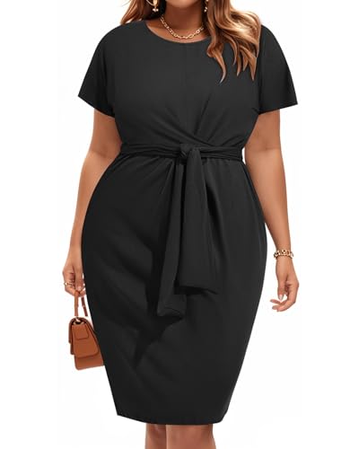 Image of Pinup Fashion Plus Size Dresses for Women Wedding Guest Short Sleeve Tie Front Waist Belted Pencil Work Knee Dress