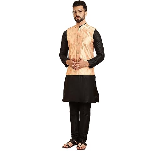 Image of SOJANYA (Since 1958 Men's Silk Blend Kurta Pyjama & Self Design Nehru Jacket Combo