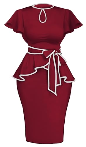 Image of Women's Vintage Bodycon Church Ruffle Sleeve Ruched Dresses Work Midi Pencil Dress