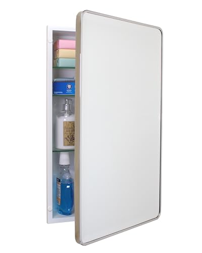 Image of 16x26 Austin Farmhouse Metal Framed Rounded Rectangle Recessed Bathroom Medicine Cabinet, Beveled Mirror, 14x24 in-Wall Opening, powder-coated Steel, Adjustable Glass Shelves, Magnet Close, Chrome
