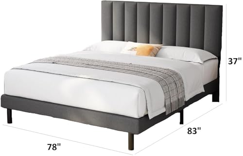 Image of Wooden Modern Upholstered King Size Bed for Bedroom | Wooden Double Bed Without Storage | Platform Cot Upholstered Bed with Upholstery Fabric | Engineered Wood | 6.5 x 6 Ft | Dark Grey