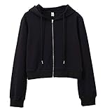 Women's Cropped Zip up Hoodie Long Sleeves with Drawstring Hooded Cotton Crop Tops (Black, Small)