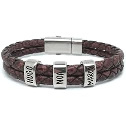 Pulsera Mujer Nombre Hijos Pulsera con nombres personalizada, Zamak Baño Plata-Cuero. Regalo dia del padre (Trenzado Doble Marrón)