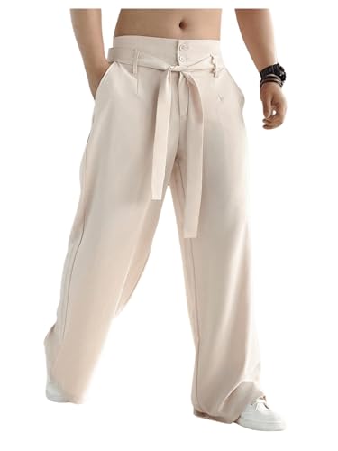 GORGLITTER Men's Casual Wide Leg Dress Pants Elastic High Waisted Baggy Streetwear Trousers Khaki Large