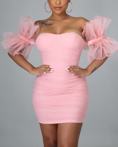 Image of hibshaby Women Sexy Bodycon Dress Puff Sleeve Cocktail Evening Party Elegant Mini Dresses