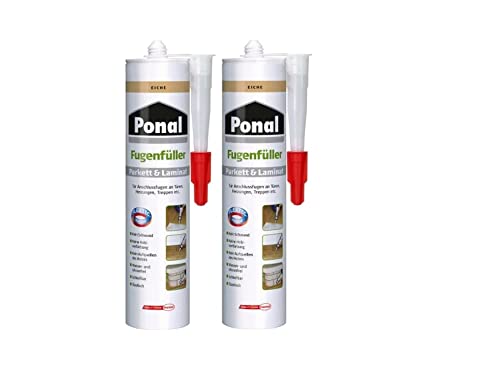 Ponal Parkett & Laminat Fugenfüller Eiche, elastische Fugenmasse für Anschluss- und Dehnungsfugen, lösemittel-, wasser- und silikonfreie Dichtmasse, 2x280ml Kartusche