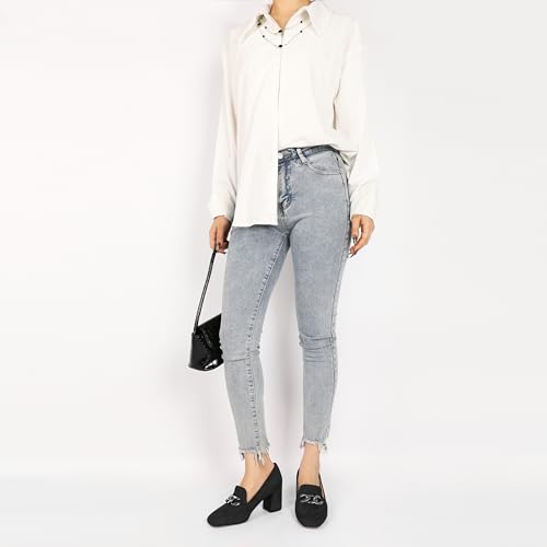 Image of Women Square Toe Pumps Loafers with Metal Buckle Low Heel Shoes Chunky Block Heel Pumps Daily Casual Heels Black Suede Leather US Size 7.5