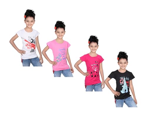 Image of indi weaves Girls Pure Cotton Chest Printed Half Sleeves Round Neck T-Shirts (Pack of 4)