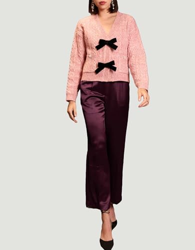Image of Women's Bow Front Cardigan Cropped Button Button Down V Neck Cropped Cable Knit Sweater Tops Pink